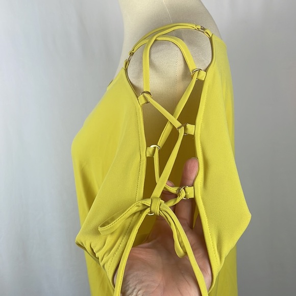 Express Yellow Short Sleeve Cold Shoulder Top w/Criss Cross Tie Sleeves - Size S - Picture 5 of 13